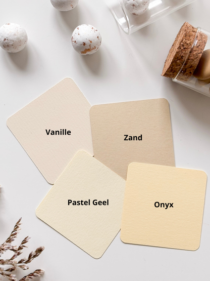 Staalkaartjes in beige tinten voor doosjes voor doopsuiker - Atelier D